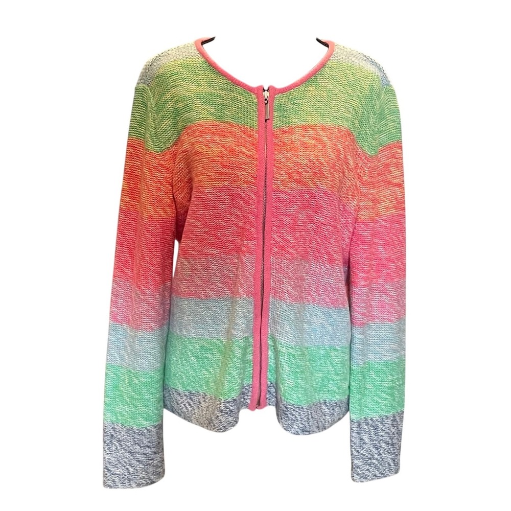 VTG Rainbow Striped Zip Up Cardigan Sweater Small Ramie Cotton Y2K Whimsy Girl
